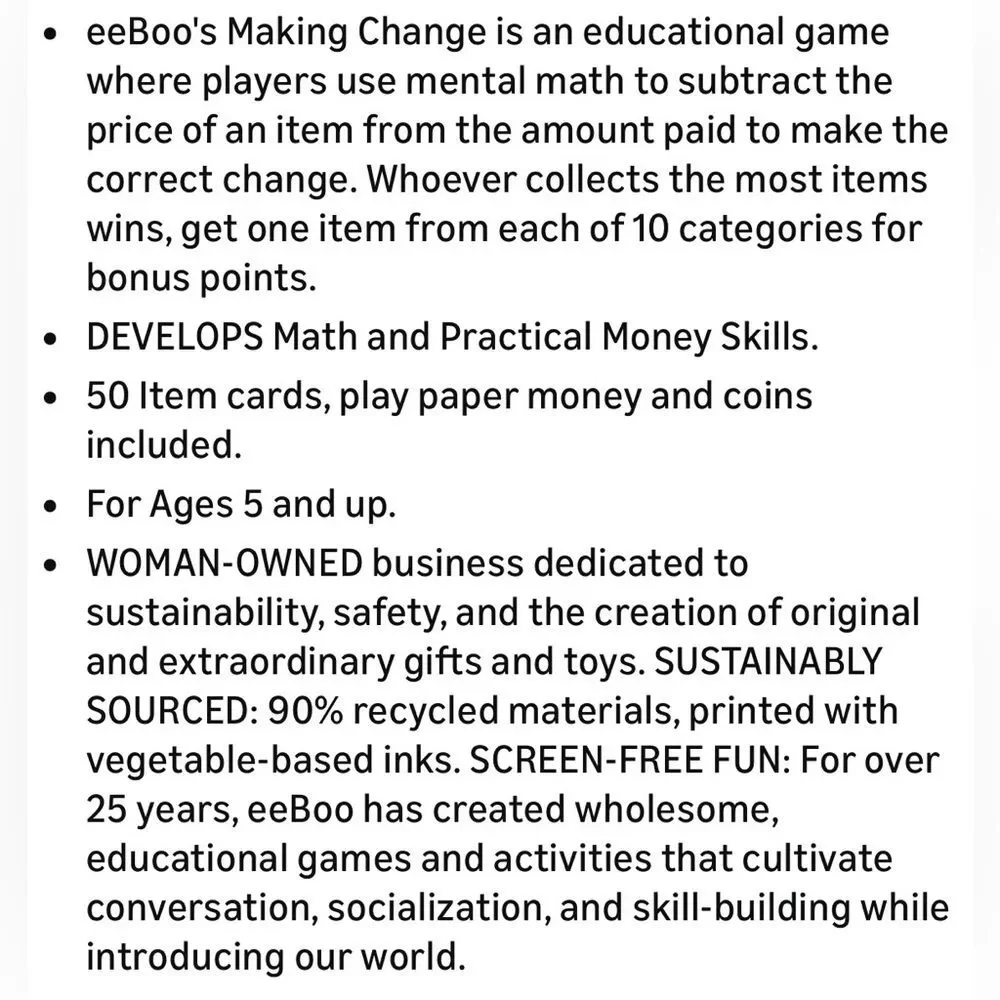 eeBoo Making Change Kids Children’s Game. Screen Free Learning. Gift.